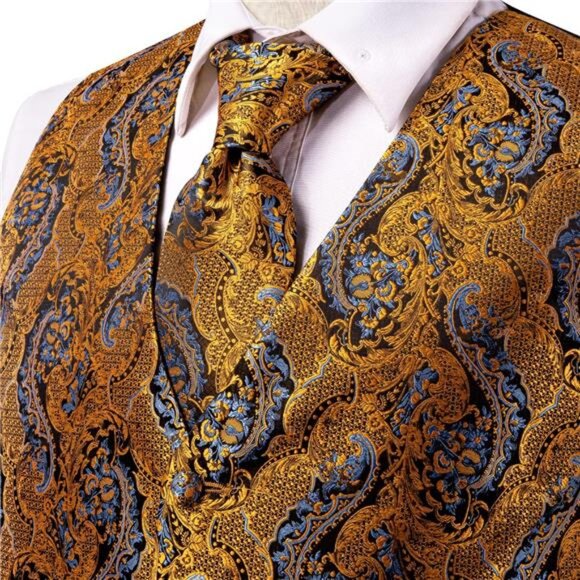 Men's Silk Vest Bowtie Set Formal Suit Vest Jacquard Tie Handkerchief - Picture 3 of 6